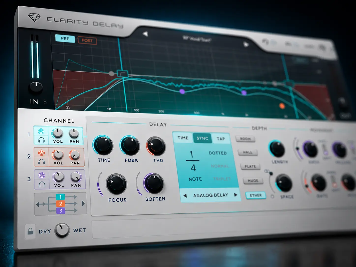 The Clarity Delay plugin interface with a single delay channel opened up, showing its time, feedback and tone controls.
