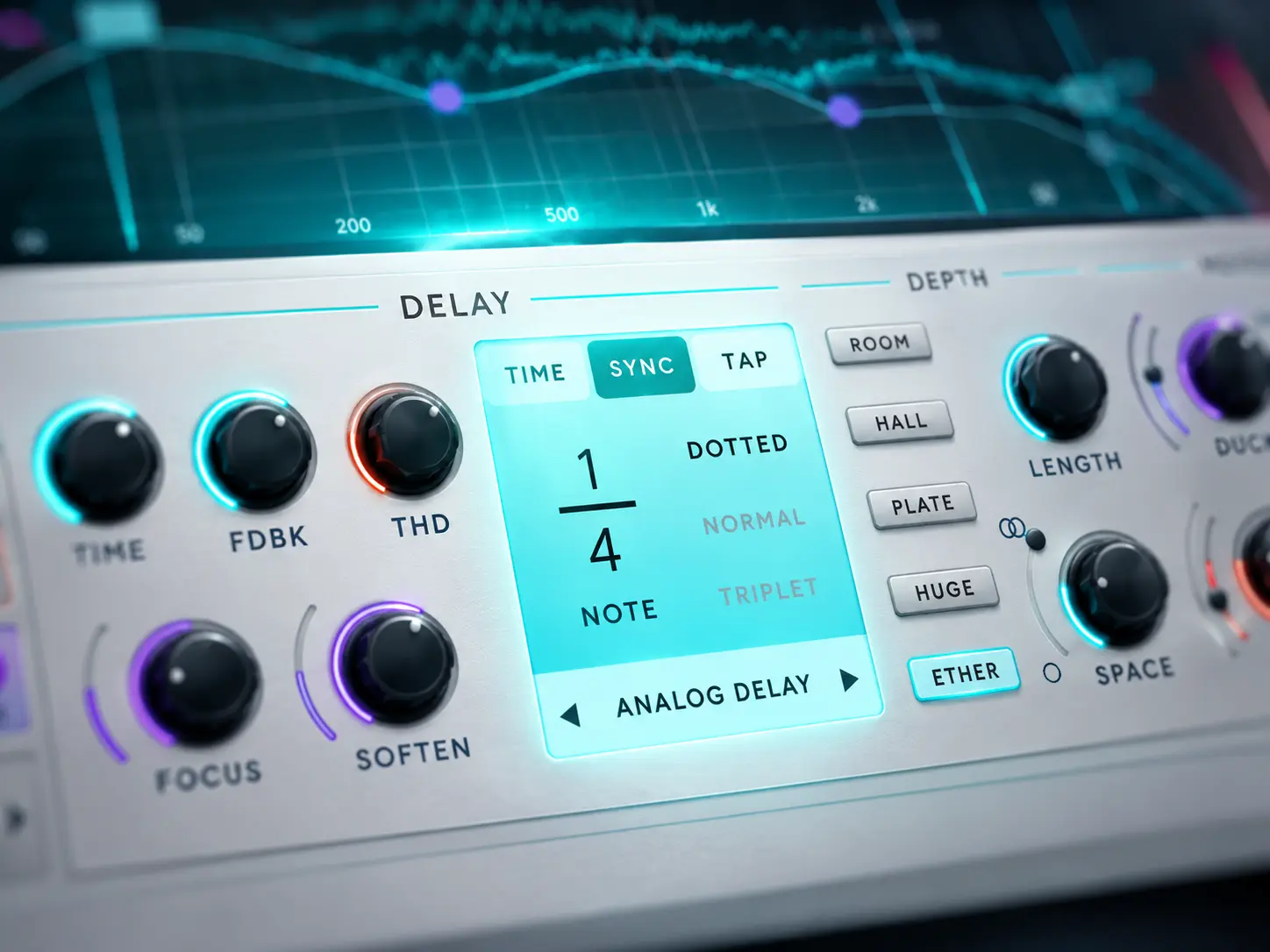 Clarity Delay's channel focus view: one delay channel opened for editing, with its time, feedback, tone and movement controls laid out alongside the frequency display.