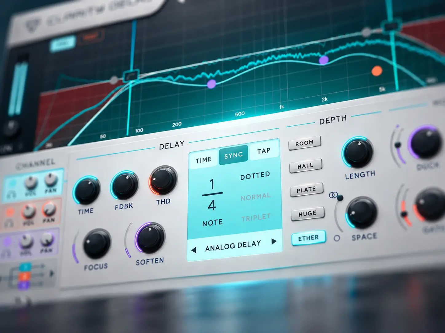The Clarity Delay plugin interface with the frequency display in focus, showing the delay curve and EQ nodes across the spectrum.