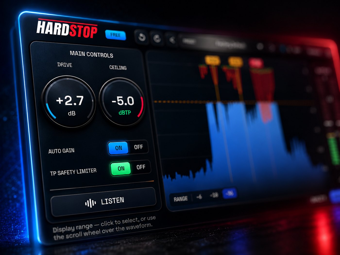 Close-up of HardStop's Main Controls panel: the Drive knob at +2.7 dB, the Ceiling knob at -5.0 dBTP, and the Auto Gain and TP Safety Limiter toggles switched on.