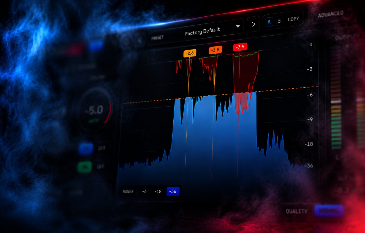 Close-up of the HardStop waveform display: red folds mark exactly where the clipper is working, with gain-reduction flags reading -2.6, -3.8 and -7.5 dB.